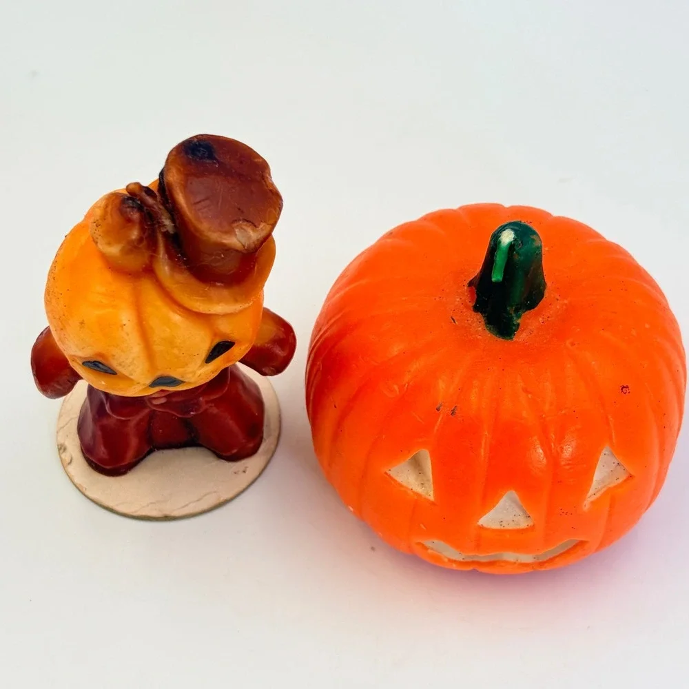 Vintage Gurley Halloween Candles Pumpkin Man Top Hat Jack O Lantern Set of 2